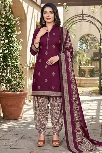 Wine printed cotton blend stitched geometric print salwar kurta dupatta for women