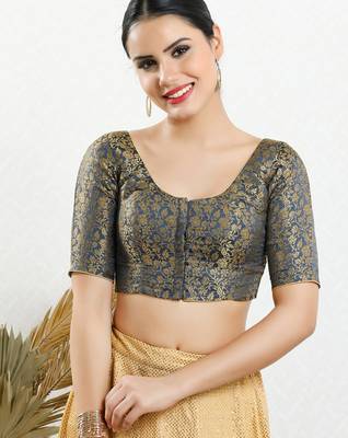 Women's brocade padded front open elbow sleeves saree blouse 1