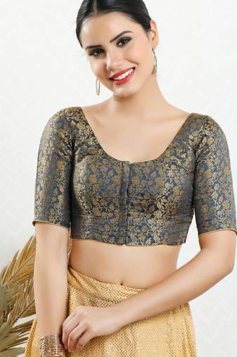 Women's brocade padded front open elbow sleeves saree blouse