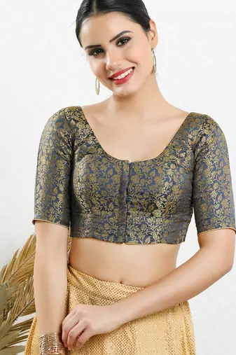 Women's brocade padded front open elbow sleeves saree blouse