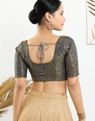 Women's brocade padded front open elbow sleeves saree blouse 2