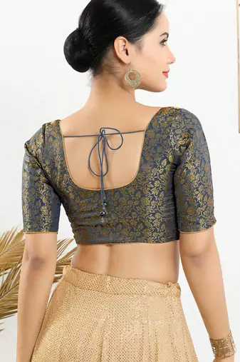 Women's brocade padded front open elbow sleeves saree blouse
