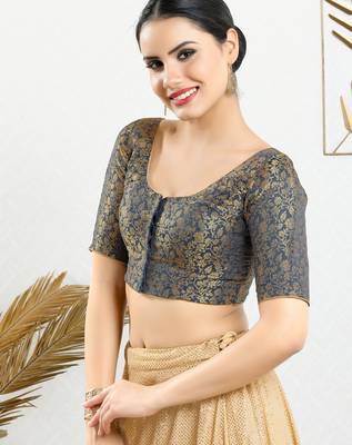 Women's brocade padded front open elbow sleeves saree blouse 3