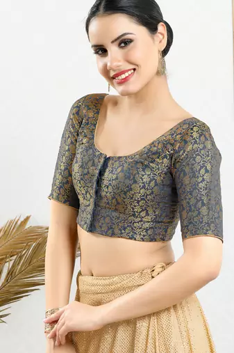 Women's brocade padded front open elbow sleeves saree blouse
