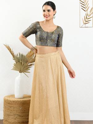 Women's brocade padded front open elbow sleeves saree blouse 4
