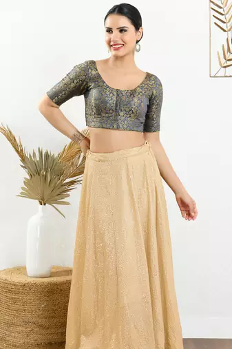 Women's brocade padded front open elbow sleeves saree blouse