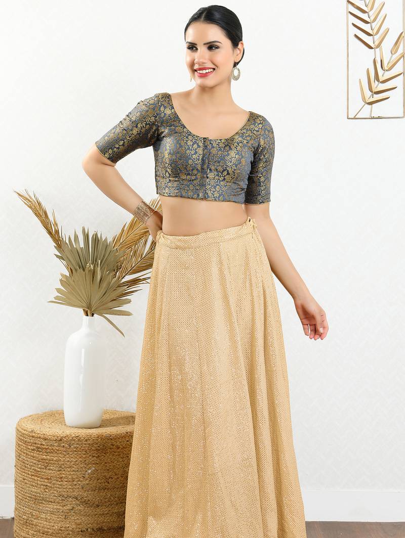 Women's brocade padded front open elbow sleeves saree blouse