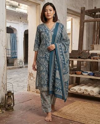Teal printed cotton blend stitched geometric print salwar kurta dupatta for women 4
