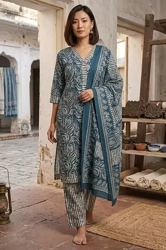 Teal printed cotton blend stitched geometric print salwar kurta dupatta for women