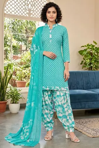 Blue printed cotton blend stitched geometric print salwar kurta dupatta for women