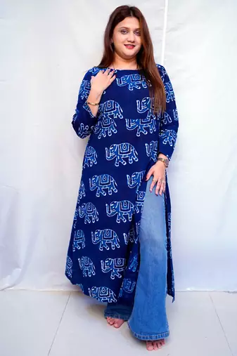 Cotton Dabu Hand Block Printed Long Side Slit Kurti for Women