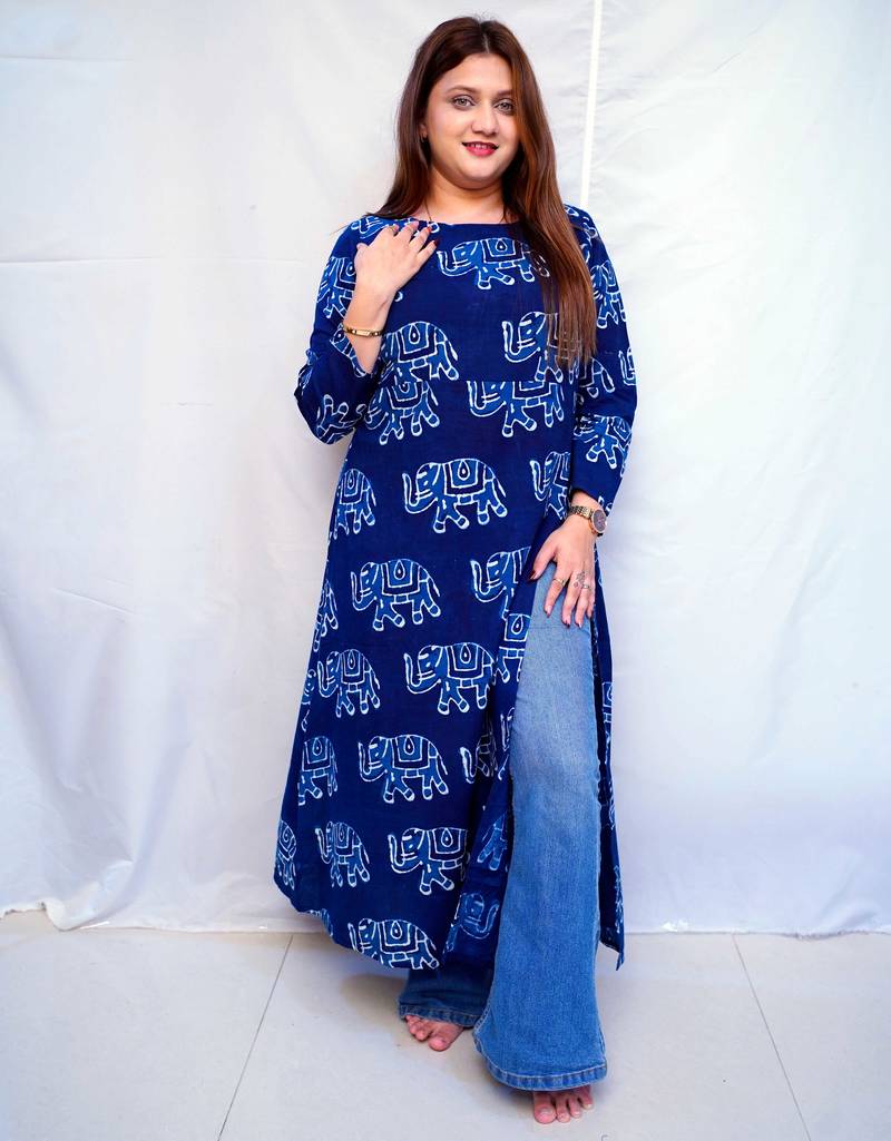 Cotton Dabu Hand Block Printed Long Side Slit Kurti for Women