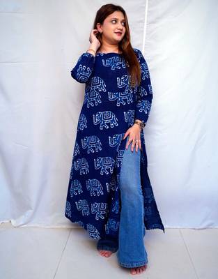 Cotton Dabu Hand Block Printed Long Side Slit Kurti for Women 3