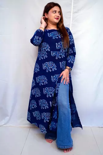 Cotton Dabu Hand Block Printed Long Side Slit Kurti for Women