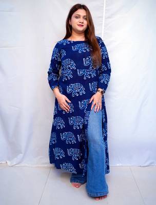Cotton Dabu Hand Block Printed Long Side Slit Kurti for Women 4
