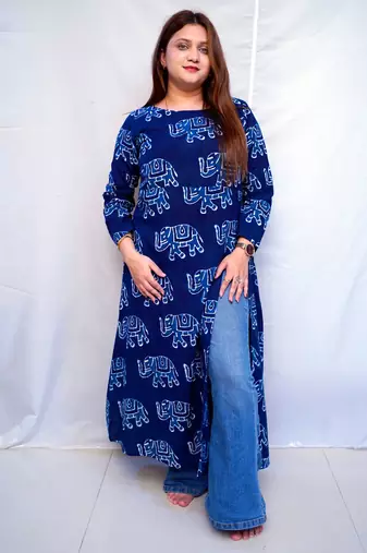 Cotton Dabu Hand Block Printed Long Side Slit Kurti for Women