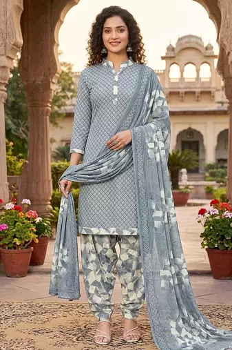 Grey printed cotton blend stitched geometric print salwar kurta dupatta for women