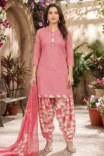 Pink printed cotton blend stitched geometric print salwar kurta dupatta for women