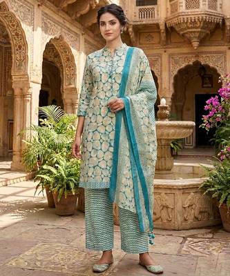 Blue printed cotton blend stitched abstract print salwar kurta dupatta for women 4