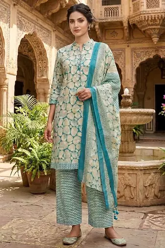 Blue printed cotton blend stitched abstract print salwar kurta dupatta for women