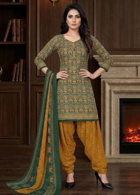 Green printed cotton blend stitched ethnic motifs print salwar kurta dupatta for women 4