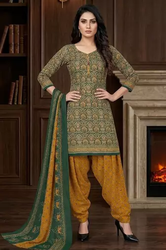 Green printed cotton blend stitched ethnic motifs print salwar kurta dupatta for women