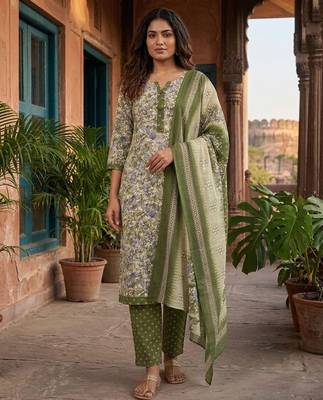 Olive printed cotton blend stitched floral print salwar kurta dupatta for women 4