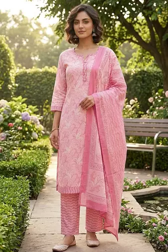 Pink printed cotton blend stitched floral print salwar kurta dupatta for women