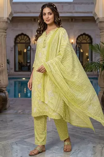 Yellow printed cotton blend stitched floral print salwar kurta dupatta for women