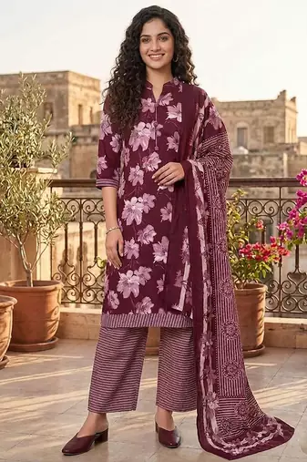 Wine printed cotton blend stitched floral print salwar kurta dupatta for women