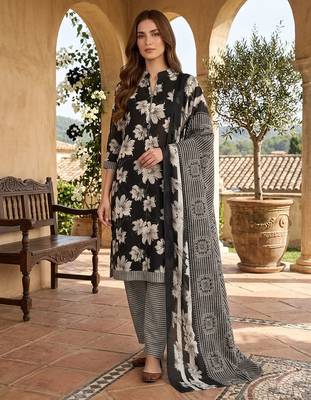 Black printed cotton blend stitched floral print salwar kurta dupatta for women 4