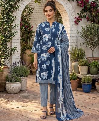Blue printed cotton blend stitched floral print salwar kurta dupatta for women 3