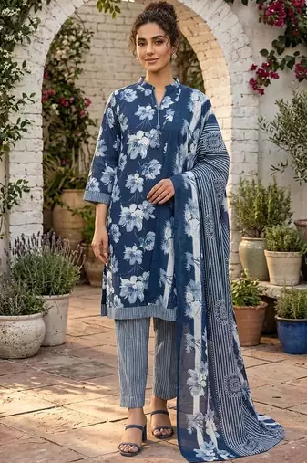 Blue printed cotton blend stitched floral print salwar kurta dupatta for women