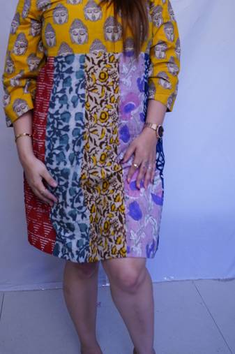 Cotton Yellow Kalamkari Handblock Printed Knee-Length kurti