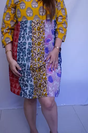 Cotton Yellow Kalamkari Handblock Printed Knee-Length kurti