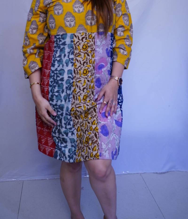 Cotton Yellow Kalamkari Handblock Printed Knee-Length kurti