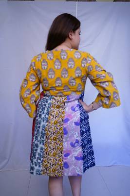 Cotton Yellow Kalamkari Handblock Printed Knee-Length kurti 2