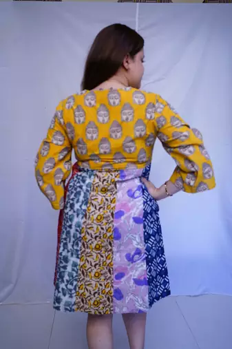 Cotton Yellow Kalamkari Handblock Printed Knee-Length kurti
