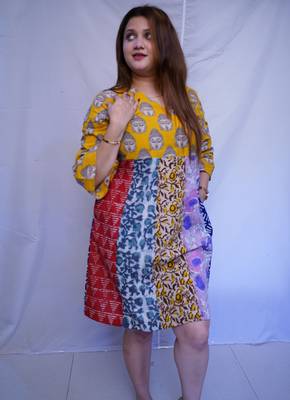 Cotton Yellow Kalamkari Handblock Printed Knee-Length kurti 3