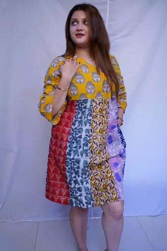 Cotton Yellow Kalamkari Handblock Printed Knee-Length kurti