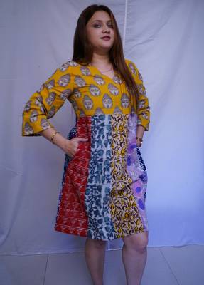 Cotton Yellow Kalamkari Handblock Printed Knee-Length kurti 4