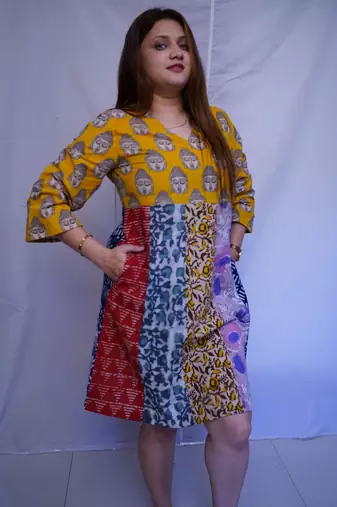 Cotton Yellow Kalamkari Handblock Printed Knee-Length kurti