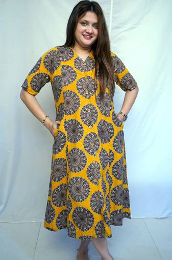 Yellow Kalamkari Handblock Printed Cotton Mid-Length kurti
