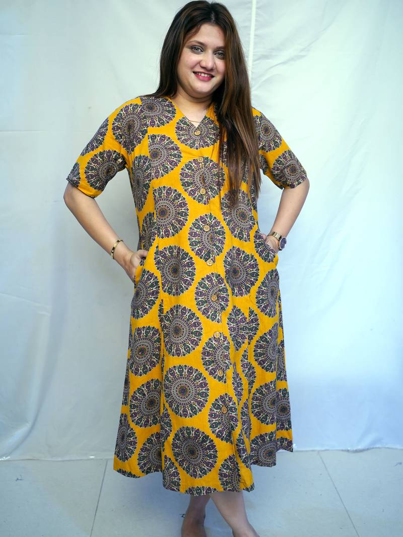 Yellow Kalamkari Handblock Printed Cotton Mid-Length kurti