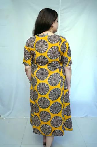 Yellow Kalamkari Handblock Printed Cotton Mid-Length kurti