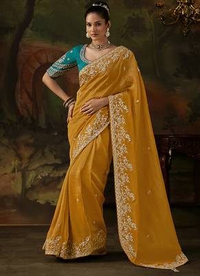 mustard yellow faux tissue saree with contrast embroidered blouse 1