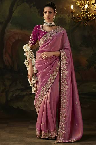 onion pink faux tissue saree with contrast embroidered blouse
