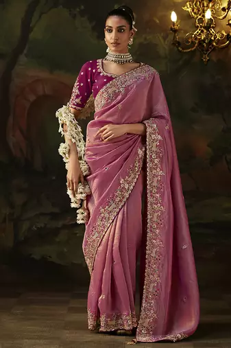 onion pink faux tissue saree with contrast embroidered blouse