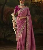 onion pink faux tissue saree with contrast embroidered blouse