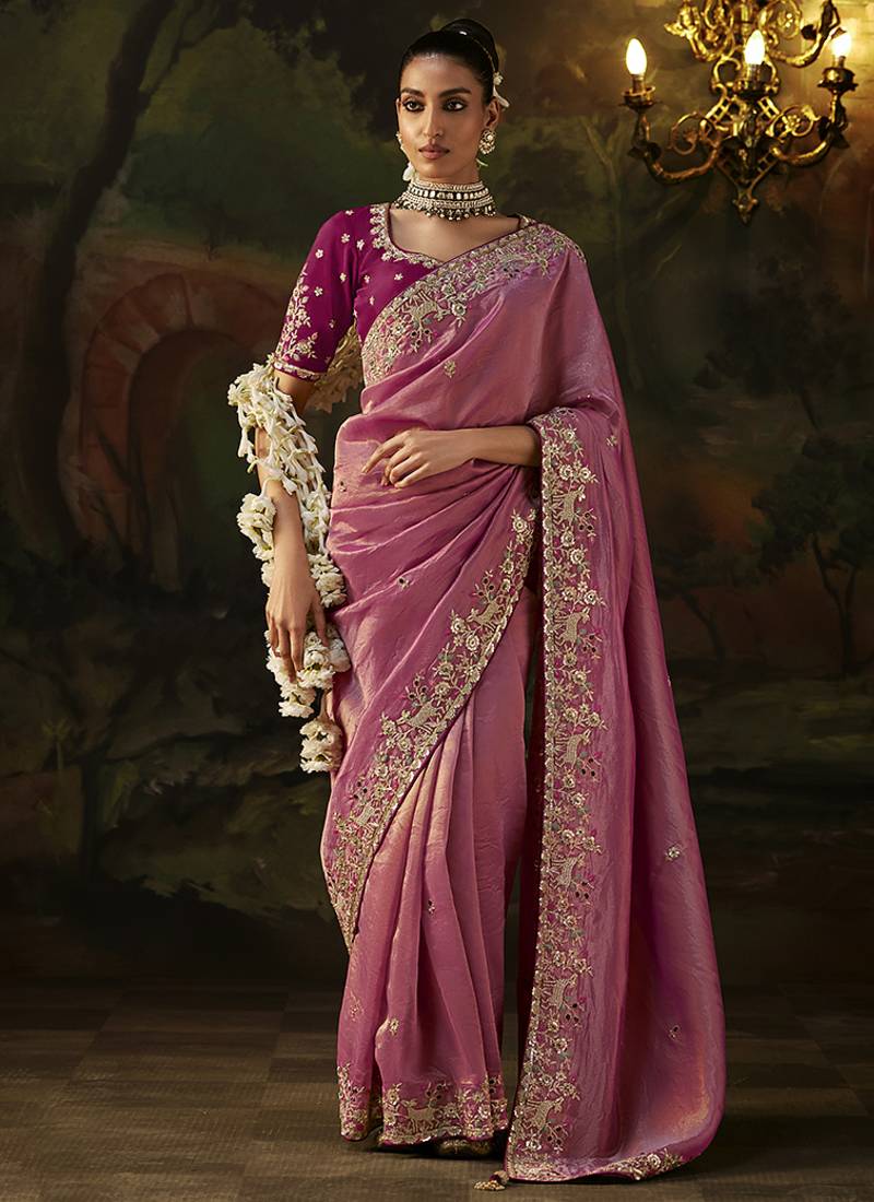 onion pink faux tissue saree with contrast embroidered blouse